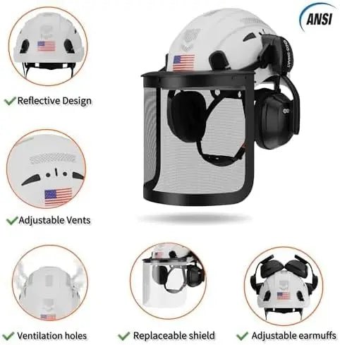5 1 Forest Helmets Kit Industrial Chainsaw Visor Mesh&Clear PC Shield Ear Muffs ANSI Z89.1 Certified Slotted - GUCUT